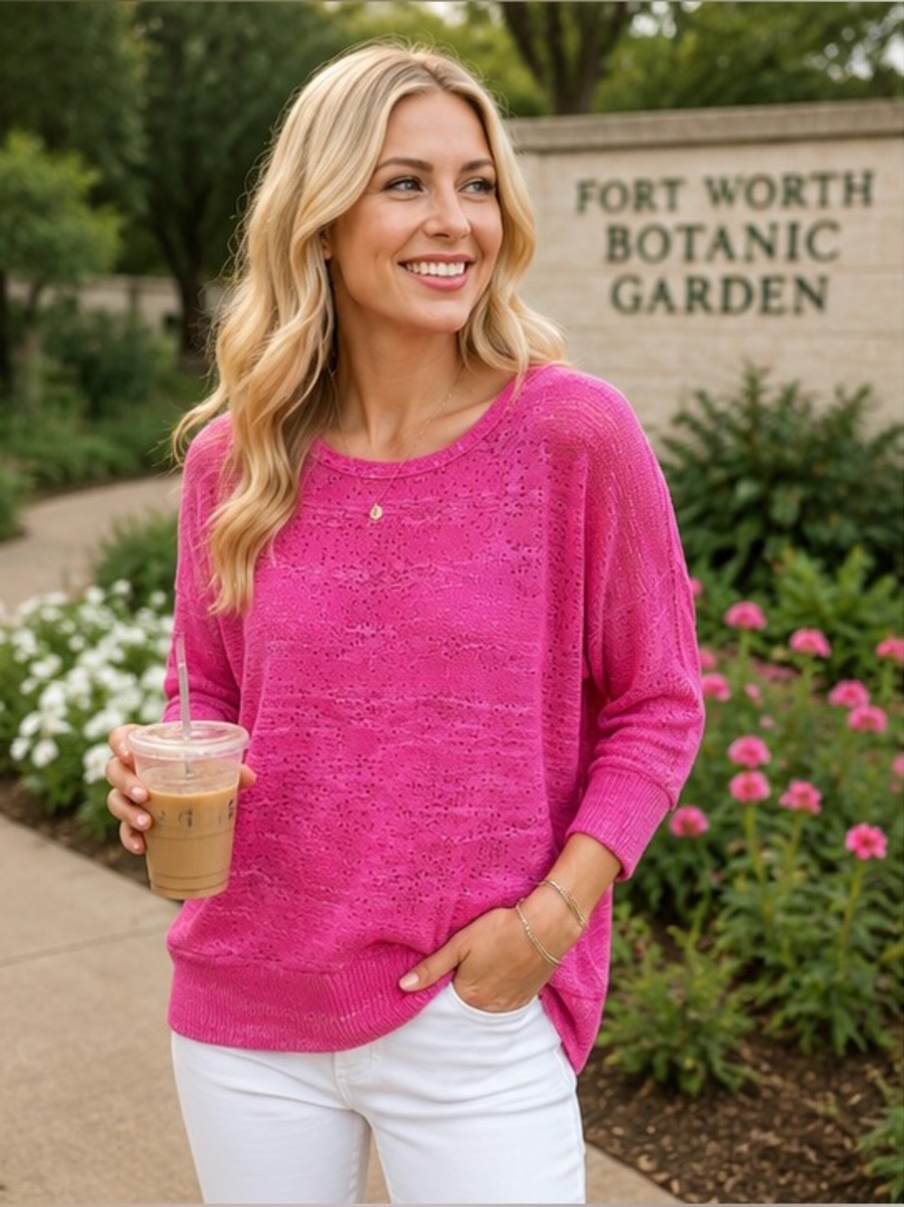 FANG Pink Lightweight Open Knit Dolman Sleeve Sweater Size Large